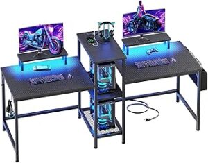 Furologee 2 Person Gaming Desk with LED Lights, 71 Inch Computer Desk with Power Outlets and Monitor Stand, Double Desk with Storage Bag and Headphone Hooks, Study Writing Table for Home Office, Black