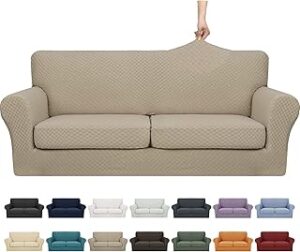 YEMYHOM Latest Checkered 3 Pieces Couch Covers for 2 Cushion Couch High Stretch Sofa Cover with 2 Extra Large Seat Cushion Covers Anti Slip Elastic Slipcovers (Khaki), 71"-91"(2 Cushions)