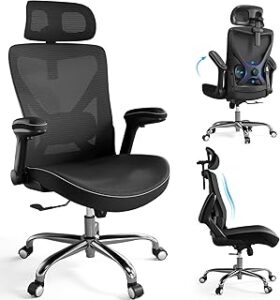 Office Home Ergonomic Desk Chair-Computer X-Shaped Chair Mesh PU Leather with Adjustable Lumbar Support-Executive Chair High Back with Headrest Flip-Up Arms for Long Hours (Black)