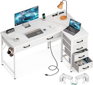 Coleshome 42 Inch L Shaped Desk with Drawers, Computer Desk with Power Outlets, Home Office Desk with 6 Drawers, Reversible Corner Desk for Small Space, Study Work Table with Hook, White