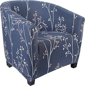 SearchI Club Chair Slipcover Stretch Barrel Chair Covers Printed Tub Chair Slipcovers Spandex Armchair Sofa Cover Removable Couch Furniture Protector Arm Chair Cover for Living Room(Grey Blue+Leaves)