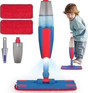 Kids Spray Mop Real with Sprayer + 2PCS Mop Pads, Toddler Cleaning Tool Real Works for Realistic Housekeeping Cleaning Pretend Play Toys Montessori Mini Mop & Sweeper for Kids Aged 3+