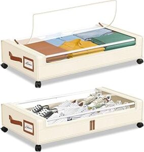 Under Bed Storage with Wheels, 2 Pack Underbed Storage Containers with Clear Lid, Handle and Label Window, Home Storage Bins for Clothes, Blanket, Shoes, Large Cube Closet Containers
