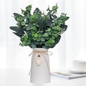 Artificial Silver Dollar Eucalyptus Stems in Vase, Rustic Farmhouse Greenery, Faux Eucalyptus Picks with Baby Eucalyptus & Wooden Heart for Home Décor, Weddings, Bouquets, and Table Centerpieces