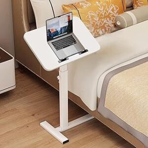 Overbed Table,Hospital Bed Tables,Tilting Over The Bed Table with Hidden Wheels,Adjustable Bedside Tables and Rolling Tray,Hospital Table Over Bed for Home Use-Tilt White