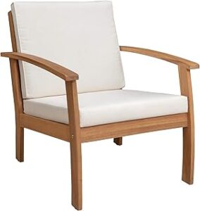 Patio Sense Lio Wooden Lounge Chair, Accent Armchair with Cushions, Natural Wood Finish, Off White Cushions, Solid Durable Acacia Wood