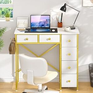 Small Computer Desk with 6 Drawers, 32 Inches Work Table for Home Office, Writing Desk with Storage, Compact Study Desk for Small Spaces, Kids Study Desk for Bedroom, White and Golden