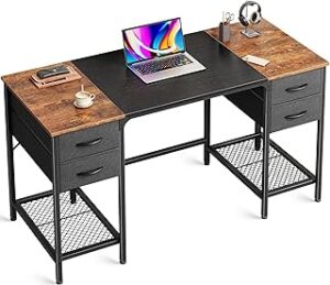 Huuger 47 Inch Computer Desk with 4 Drawers, Office Desk with Mesh Shelf, Gaming Desk, Large Storage, Writing Work Desk for Home Office, Study, Bedroom, Work from Home, Rustic Brown and Black