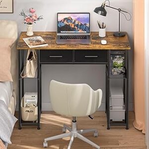 Computer Desk with Drawers, 37.3 Inch Home Office Work Desk with Storage Shelf, Kids Teens Study Table for Small Space, Small Writing PC Table for Bedroom Makeup Vanity Desk, Brown