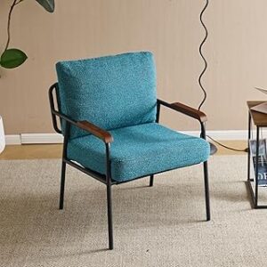 Karl home Accent Chair Modern Armchair with Metal Frame Linen Fabric Upholstory Living Room Chair Mid-Century Reading Chair with Wooden Arms for Living Room, Bedroom, Reading Room, Apartment, Blue