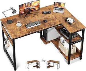 Casaottima L Shaped Computer Desk, 40 Inch Small Corner Desk with Storage Shelves & PC Stand, Reversible Gaming Desk for Bedroom, Modern Writing Study Table for Home Office, Vintage