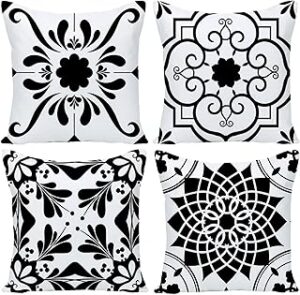 Geometric Black Flower Decorative Throw Pillow Covers 22 x 22 Inch, Set of 4 Abstract Black Flower Cushion Cover Square Pillow Cases for Couch Patio Sofa Home Decor