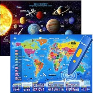 Bilingual Interactive Space and World Map Set – Talking Learning Poster with Audio Pen for Kids 3-12, Fun Educational Toy for Early STEM Learning, Geography and Astronomy Gift for Classroom and Home
