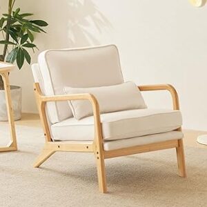 Karl home Mid Century Modern Accent Chair with Lumbar Pillow & Oak Arms – Plush Linen Fabric Living Room Chair for Bedroom, Lounge, Natural White