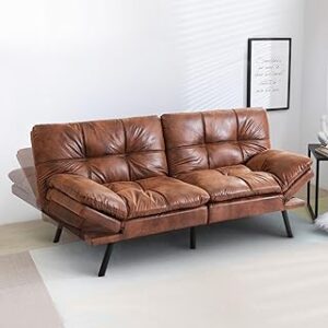 Hcore Convertible Futon Sofa Bed Brwon PU Memory Foam Loveseat,Small Euro Lounger Sofa for Compact Living Spaces,Apartment,Dorm,Studio,Guest Room,Home Office