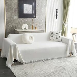 MYSKY HOME White Couch Cover for Sectional Sofa Covers for 3 Cushion Couch Sofa Protector Geometrical Sofa Slipcovers Washable Thick Fabric Blanket for Dogs, Pets (XX-Large, 91" x 134", White)