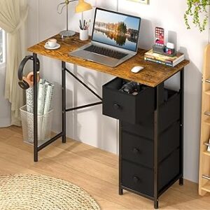 Computer Desk with 4 Fabric Drawers, 35.4 Inch Small Home Office Writing Desk, Simple Table PC Desk for Small Places, Kids Girls Teen Study Writing Desk for Bedroom Dorm Rustic Brown