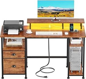 Furologee 51 inch Desk with Power Outlets, Computer Desk with LED Lights, Gaming Desks with Fabric Drawer and File Cabinet, Home Office Table with Monitor Stand & Storage Sheves, Rustic Brown