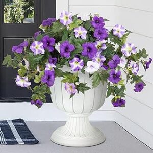 Artificial Fake Flowers Plants for Outdoor Decoration, 2PCS Spring Faux Petunias Silk Flower UV Resistant No Fade Floral for Home Garden Balcony Yard Porch Realistic Indoor Decor (Purple White)