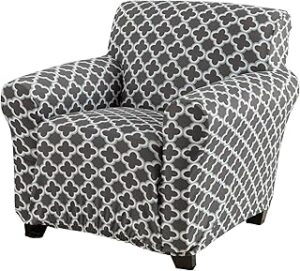 Great Bay Home Printed Twill Arm Chair Slipcover. One Piece Stretch and Strapless Arm Chair Cover for Living Room. Fallon Collection Slipcover. (Charcoal)