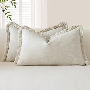 OTOSTAR Set of 2 Linen Fringe Decorative Throw Pillow Covers 12x20 Inch Soft Lumbar Cushion Cover with Tassel Farmhouse Home Decor Accent Pillowcase for Sofa Couch Patio Bed Living Room, Natural Beige