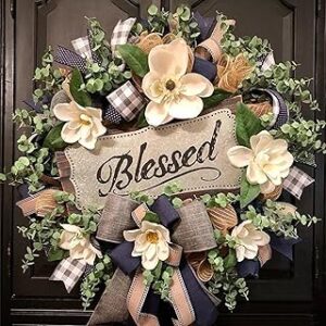 Spring Summer Wreath for Front Door,Farmhouse Magnolia Porch Decoration,Front Door Hanger,Housewarming Gift, Buffalo Plaid Year Round Wreath,Summer Home Decor