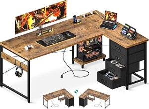 ODK 61'' L Shaped Desk with 4 Drawers, Reversible Corner Desk with Storage, Gaming Table with Power Outlets, USB Ports, PC Case Shelf, Computer Desk for Home Office, Study, Easy Assembly, Vintage