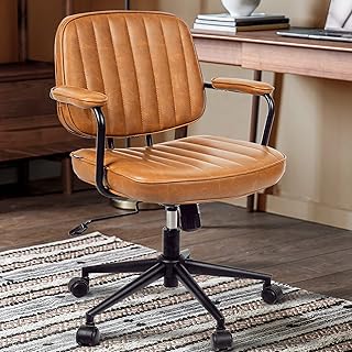 Artswish Mid Century Desk Chair Leather Office Chair Brown Office Desk Chair Home Office Chair with Wheels and Arms