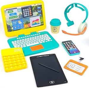 Pretend Play Home Office Set for Kids Ages 3-5-7 | Features Toy Laptop Computer, LCD Writing Tablet, Pop Fidget Calculator, Cell Phone, Headset & Toddlers Beverage Cup