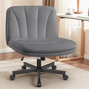 FelixKing Criss Cross Chair with Wheels, Cross Legged Office Chair, Armless Wide Vanity Desk Chair with Comfty Velvet & Back - Swivel Height Ajustable for Home Office Bedroom, Gray Velvet