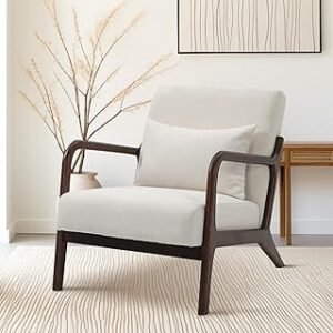 Dolonm Modern Accent Chair with Wood Frame, Upholstered Chair with Waist Cushion, Velvet Armchair for Living Room, Bedroom, Game Room, Home Office or Lounge, White