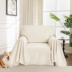 MYSKY HOME Oversized Chair Cover, Armchair Couch Cover for 1 Cushion Couch, Washable Sofa Protector with Tassel Sofa Covers Sofa Throws Sofa Slipcovers Futon Cover for Pet, Kid, 71"X91", Beige