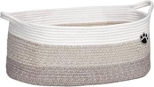 Dog Toy Basket, Toy Box and Bin for Dog Cat Storage, 19.7" X 11" X 7.9" (30L) Large Woven Rope Basket for Blanket Storage, Living Room, Bedroom, White & Brown