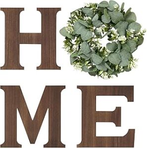Mkono Farmhouse Wall Home Sign with Artificial Eucalyptus for O Rustic Wooden Hanging Letters Decorative Wall Art Decor for Living Room Kitchen Entryway Housewarming Gift, Brown