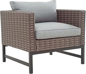 LOKATSE HOME Outdoor Patio Armchair Wicker Furniture Rattan Conversation Single Sofa Chair with Grey Cushion, Brown