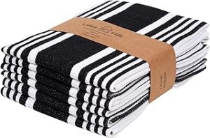 Urban Villa Kitchen Towels 100% Cotton Pack of 6, Highly Absorbent Quick Drying Super Soft Premium Dish Towels for Kitchen with Hanging Loop Hand & Tea Towels - 20x30 Inch, (Black & White, Striped)