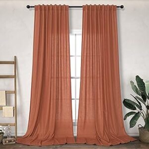 Terracotta Long Curtains 108 Inch Length for Living Room 2 Panels Set Back Tab Pocket Lightweight Semi Sheer Linen Light Weight Rust Curtain for Bedroom Patio Door Fall Boho Cottage Western Decor 9 FT