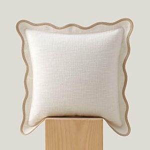 Double Stitch Scalloped Throw Pillow Covers - 100% Cotton Decorative Boho Pillow Covers 18 x 18, Made in India, Square Cushion Case, Modern Home Decor for Couch Sofa Living Room, Cream