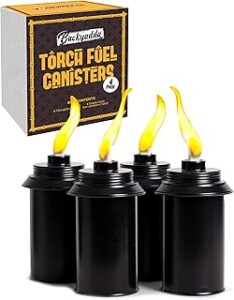 Torch Replacement Canisters (12 oz). Compatible with Tiki Torches. Easy Fill Opening. 4-Pack Standard Metal (Without Caps)