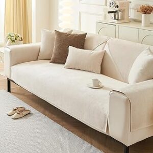 Plush Sofa Cover Washable, Non-Slip Couch Covers, Pet Friendly Couch Mats, Soft Chenille Sofa Covers for Living Room(White/36 x63/Loveseat Sofa Cover)