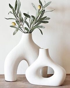 Carrot's Den Donut Vase, Set of 2 - White Large Ceramic Vase - Minimalist Nordic, Hollow | Table Centerpiece, Olive Plant, Wedding, Living Room, Bookshelf, Office, Modern Home, Entryway, Console