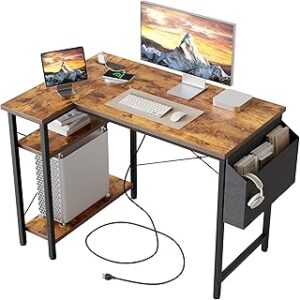 Modern L Shaped Computer Desk with Power Outlets, 40" Small Computer Corner Desk with Reversible Storage Shelves, Gaming Desk for Small Space, Study Table for Home Office, Rustic Brown