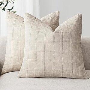 Foindtower Set of 2 Decorative Linen Check Throw Pillow Covers Neutral Farmhouse Vintage Cushion Covers Modern Boho Home Decor For Sofa Chair Couch Bedroom Living Room Outdoor,24×24 Inch,Natural Beige
