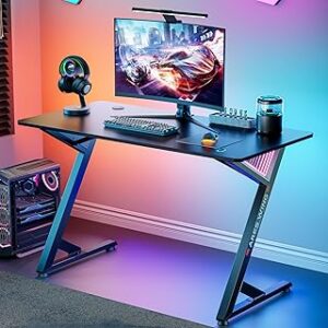 ARES WING 47 Inch Gaming Desk, Ergonomic Computer Desk with LED Light and DIY Control Cable, Gaming Table Carbon Fiber Surface for Home and Office, Black