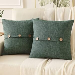 HAUSSY Emerald Green Linen Decorative Throw Pillow Covers 18x18 Inch Set of 2,Square Cushion Case with 3 Vintage Buttons,Modern Farmhouse Home Decor for Couch,Bed