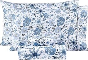 Mooreeke Queen Size Sheets Set - 4 Piece Soft Breathable Microfiber Bed Sheet Set - Blue & White Flower Pattern Sheet Set Queen - Deep Pocket Non-Slip Floral Fitted Sheet Included for All Season