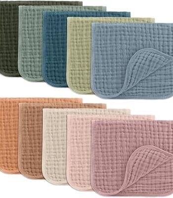 Comfy Cubs Muslin Burp Cloths 20" x 10", Pack of 10 - Large, 6-Layer, Ultra Absorbent 100% Cotton for Baby Drool and Messes - Soft, Safe & Gentle Baby Burp Cloths for Boys & Girls - Multi