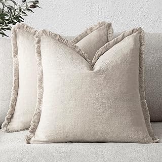 Foindtower Set of 2 Decorative Linen Fringe Throw Pillow Covers Cozy Farmhouse Boho Cushion Cover with Tassels Soft Accent Pillowcase for Couch Sofa Bed Living Room Home Decor 20×20 Inch Beige