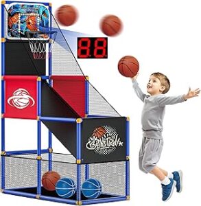 Kids Arcade Basketball Hoop with 4 Balls , Indoor Outdoor Single Shot Basketball Game for Toddler,Carnival Games Sport Toys Gifts for Boys Girls Ages 3-8 Years Old,Ideal for Competition,Pump Included