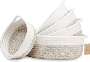 NaturalCozy 5-Piece Round Small Woven Baskets Set– Cotton Rope Baskets for Organizing! Montessori Toys, Fruits Remotes Key Tray Bowl for Entryway Desk, Shallow Catchall Home Décor, Cat Dog Bin Gift